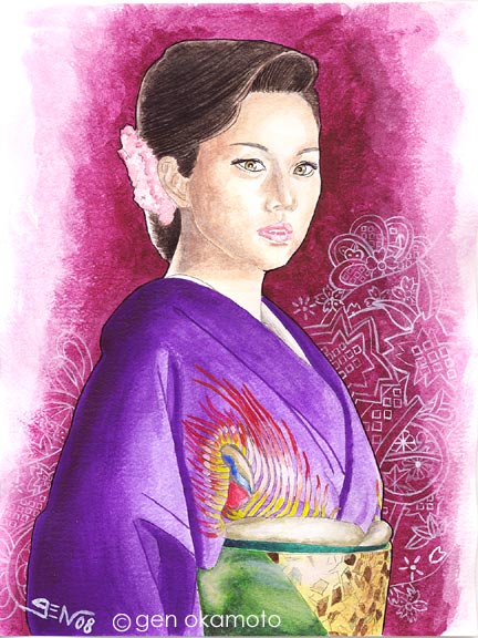 水彩画 米倉涼子 着物 水彩画 米倉涼子 着物